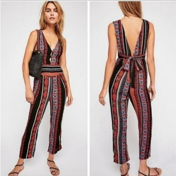 Free People Pants - FREE PEOPLE All Shook Up Mixed Print Sleeveless Printed Jumpsuit Festival Sz 10